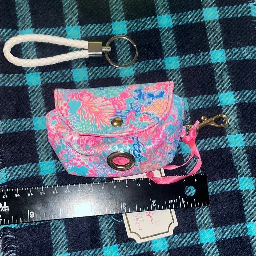 Lilly Pulitzer Waste Bag Holder  with Yellow Pom Pom and White Leather Keychain